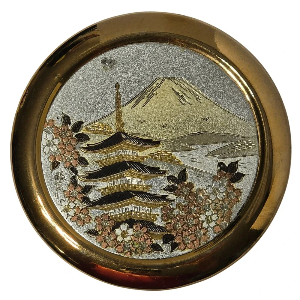Art of Chokin Japanese Porcelain Trinket Box Mount Fuji Pagoda Gold Silver Gilt